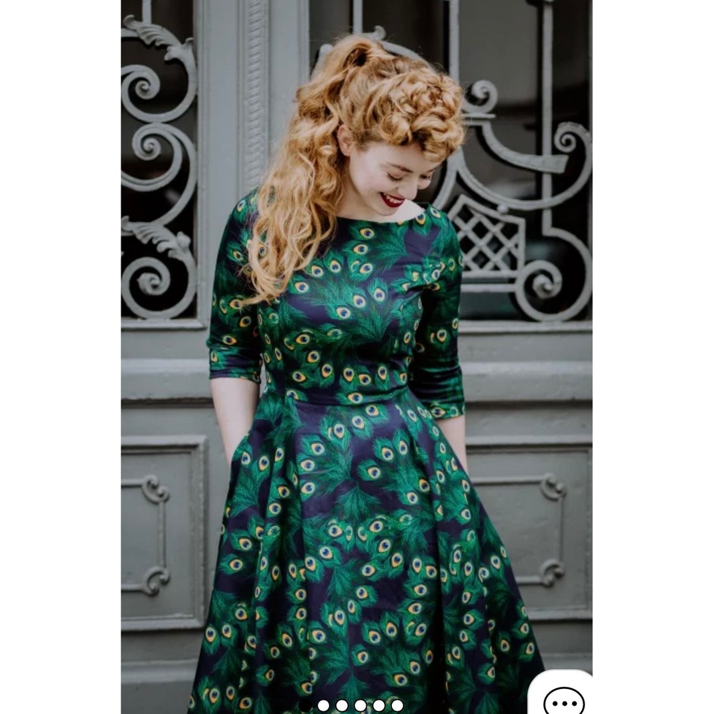 TopVintage Boutique Peacock Feather Print Swing Dress Green Blue 3XL Pockets